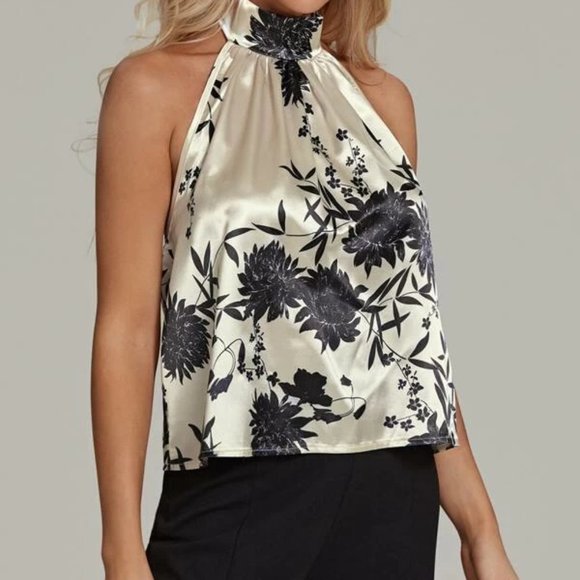 Cream Halter top with Black Floral Print in S-XL - Picture 4 of 4